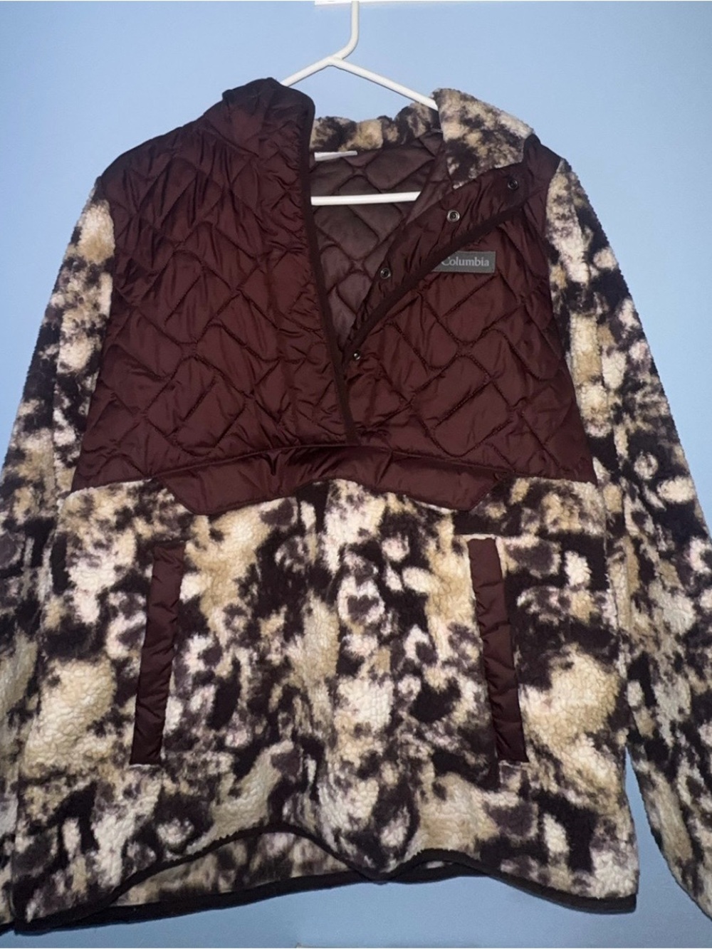 Columbia Quilted & Sherpa Hooded Pullover in Brown and Cream Camouflage